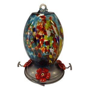 Muse Garden Hand-Blown Glass Hummingbird Feeder Multicolor Red Flower Ports
